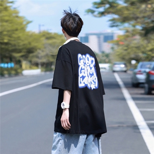 港风字母模糊笑脸印花T恤短袖五分半袖打底衫XT25-P40控58图片