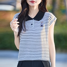 夏季新款精纺羊毛针织短袖女POLO领T恤宽松显瘦条纹撞色打底衫女，女装T恤，端硕羊绒