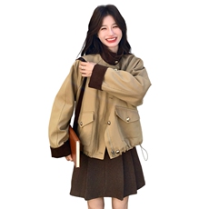 卡其色撞色拼接工装派克服女秋冬2025新款爆款流行机车棉服厚棉袄，女装派克服，2C159