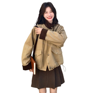 卡其色撞色拼接工装派克服女秋冬2025新款爆款流行机车棉服厚棉袄图片