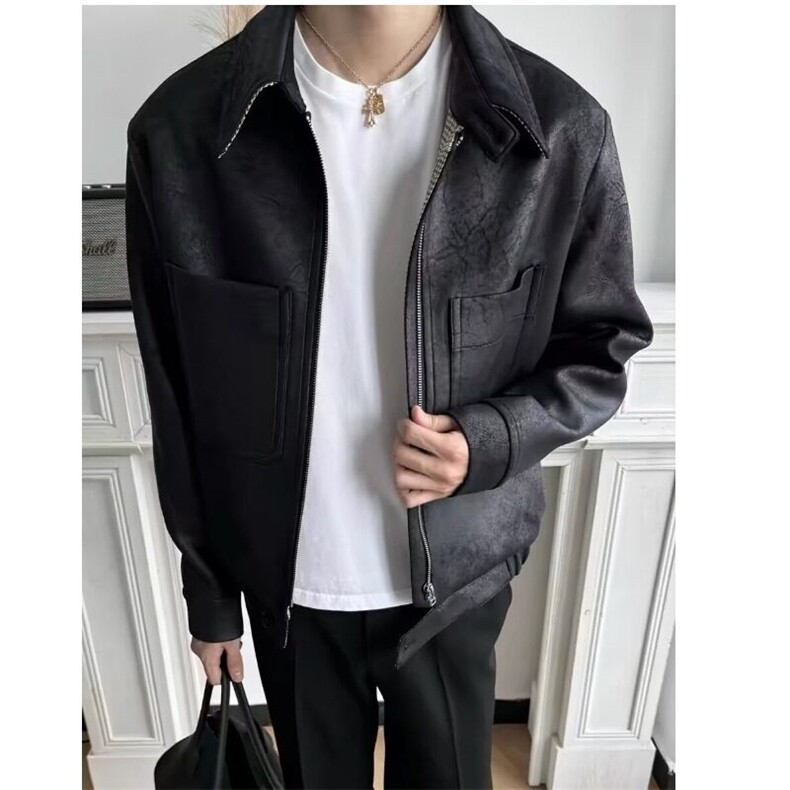 新款霜冻裂纹千鸟格内里PU皮猎装皮衣短宽夹克外套男，男装夹克，星座506A