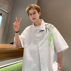 2026夏装潮男新中式印花盘扣短袖五分袖衬衫CS780/特P35白色2，男装衬衫，电商A094