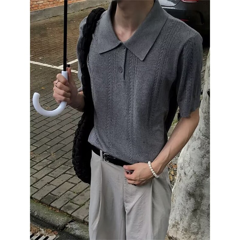 轻熟风麦穗提花翻领短袖针织polo衫男夏季休闲高级感宽松百搭上衣图片