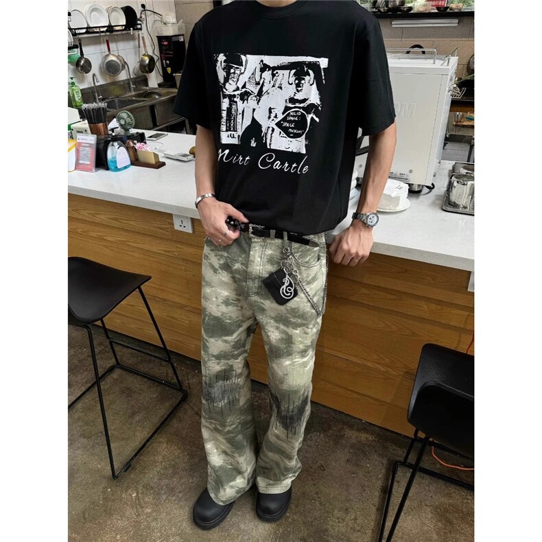 美式复古街头迷彩刺绣牛仔裤男女百搭潮微喇休闲直筒宽松阔腿长裤图片