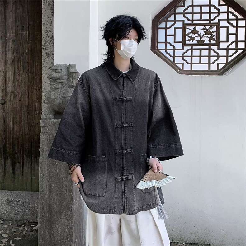 男士短袖夏季2024新款新中式盘扣水洗牛仔衬衫M986P68,男装衬衫,星座1116-2