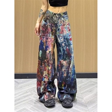 复古3D彩印泼墨牛仔裤女重工彩色油画宽松阔腿直筒裤子NM609，男装牛仔裤，星座1116A（原606A-3）