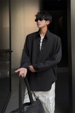春夏新款小心机深V西装领系带衬衫简约美式时尚衬衫外套特P38，男装西服套装，电商B319