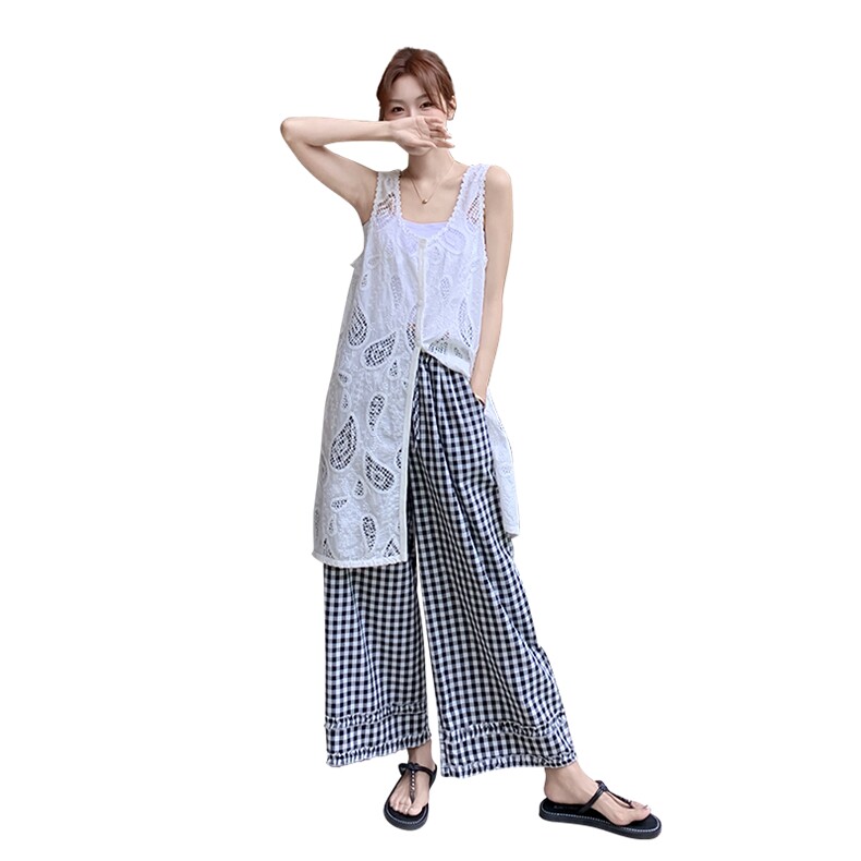 蕾丝无袖背心阔腿裤套装女夏2025新款两件套不规则大方得体流行,女装套装/套裙,欧黛芙妮