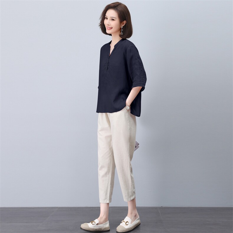 妈妈棉麻衬衫短袖女夏季时尚两件套2024新款中老年洋气阔腿裤套装,女装套装/套裙,希欧阁
