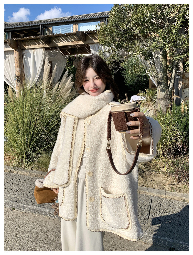 【新年款】冬季新款韩系设计感撞色羊羔毛外套女气质百搭女配围巾,女装皮草,2C159
