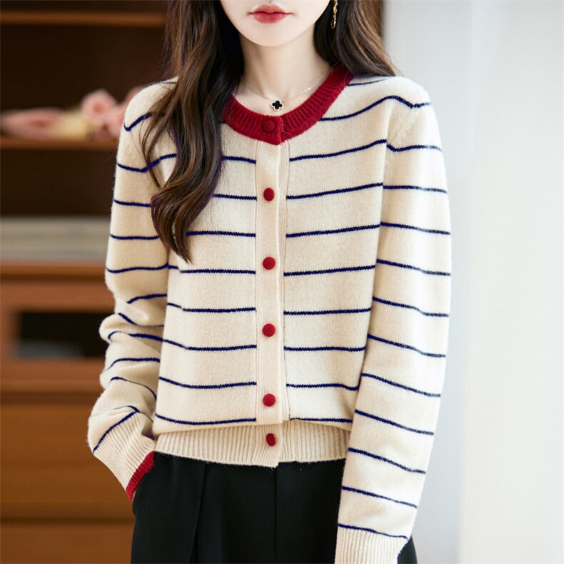新款100%纯羊毛衫女条纹拼色开衫加厚宽松冬季时尚撞色系扣外套，女装羊毛衫，大美人包芯纱店