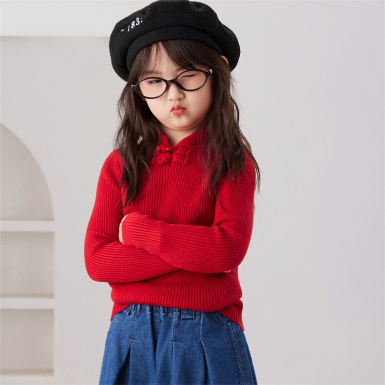 时尚儿童旗袍领套头针织衫安迪绒保暖舒适女童毛衣，童装儿童针织衫，伊美侕