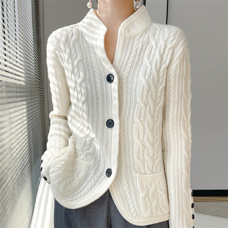 2025年秋季新款三股加厚绞花针织开衫外套休闲时尚，女装针织衫/毛衣，奢优羊绒
