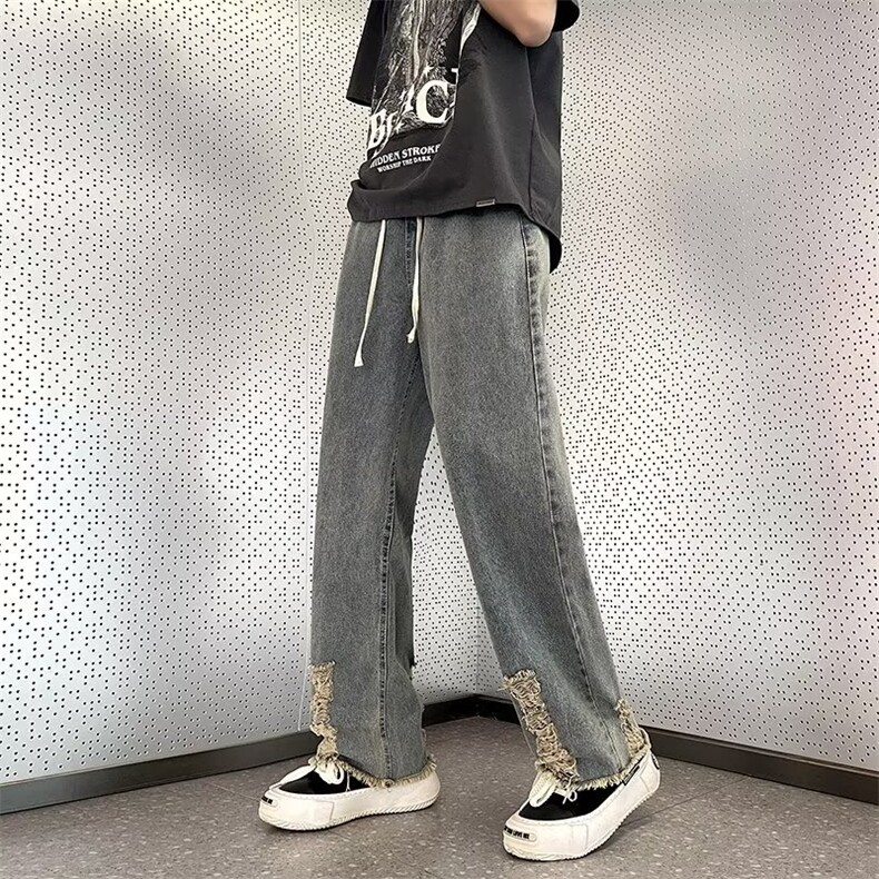 设计感高级oversize裤脚破洞牛仔裤美式高街直筒K743310B-2-P40,男装牛仔裤,星座310B-2
