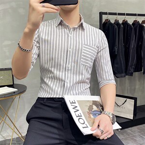 2025年现货条纹7七分袖衬衫男短袖五分袖中袖修身CS25-P45图片