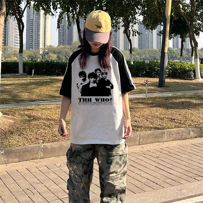 抖音得物品质二开240克宽松纯棉美式潮牌插肩三杠织带短袖T恤图片