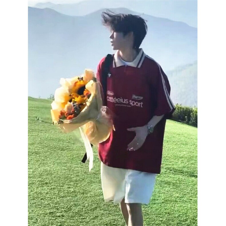 条纹polo领短袖t恤男女夏季新款宽松设计感小众半拉链上衣T28,男装Polo衫,星座1116A（原606A-3）