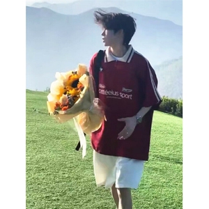 条纹polo领短袖t恤男女夏季新款宽松设计感小众半拉链上衣 T28图片