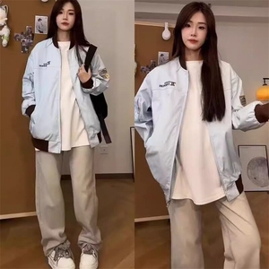 美式字母刺绣宽松新中式外套女春秋夹克设计感情侣ins棒球飞行服图片