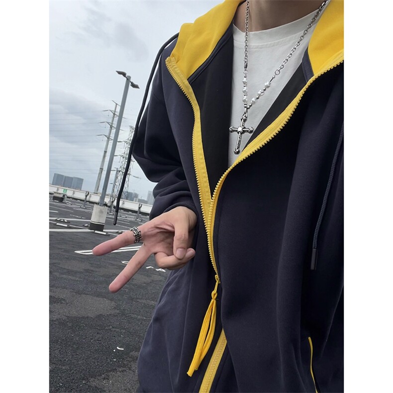 秋季撞色拉链开衫卫衣男女宽松情侣休闲外套连帽款W4685-特价P40,男装卫衣,电商A007