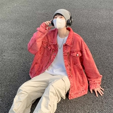 粉色垫肩短款牛仔外套男高级感痞帅潮牌牛仔上衣J2122P75，男装夹克，星座1116-2