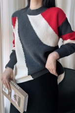 2024秋冬新款羊毛女士元宝针拼色羊毛衫，女装羊毛衫，臻纶羊绒