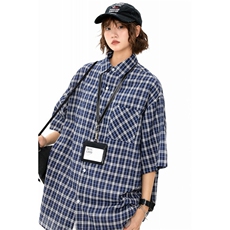 慵懒感格纹短袖衬衫男女夏季美式cleanfit宽松休闲衬衣潮929P45，女装衬衫，星座710