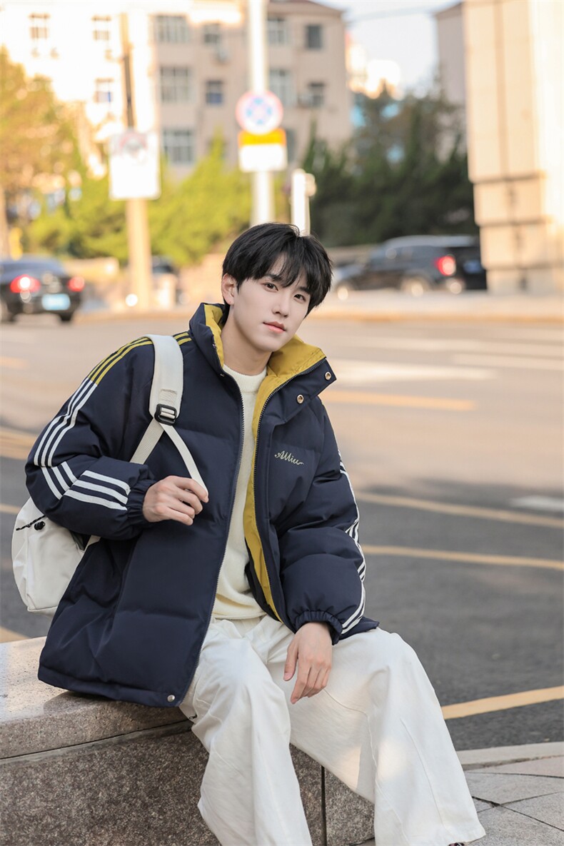 撞色条纹立领棉服男冬季美式设计感情侣面包服百搭棉衣P108X178,男装棉衣,星座803
