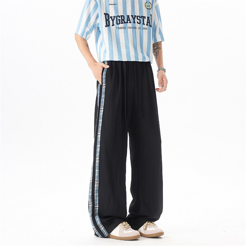 美式休闲裤男生夏季格子条纹拼接潮流冰丝垂感阔腿裤宽松运动长裤，男装休闲裤，电商D206-1