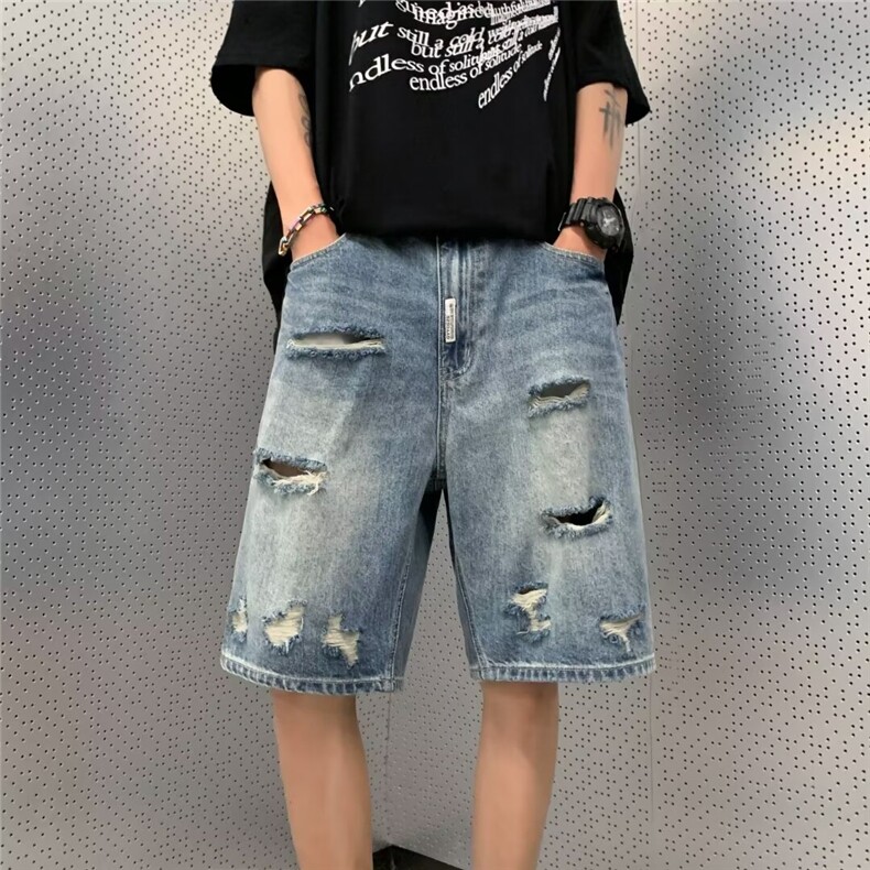港风破洞牛仔短裤男夏季薄款直筒宽松中裤1001-1-DK803-P42,男装牛仔裤,星座1001-1