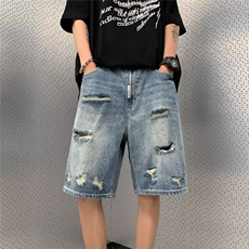 港风破洞牛仔短裤男夏季薄款直筒宽松中裤1001-1-DK803-P42，男装牛仔裤，星座1001-1