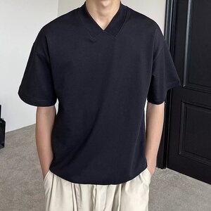 雅痞风重磅黑色v领运动t恤男修身短袖夏季潮牌休闲半袖 T145图片