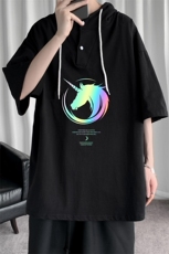 LD54138-P45连帽短袖t恤男大码胖子带帽五分袖中袖，男装T恤，电商A040