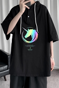 LD54138-P45 连帽短袖t恤男大码胖子带帽五分袖中袖图片