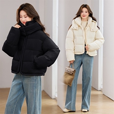 白色潮流气质减龄短款连帽棉服外套女2025年冬季新款加厚保暖棉衣，女装棉衣/棉服，江南富贵女