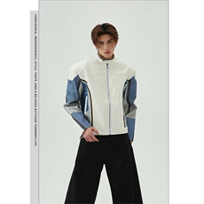 立领垫肩牛仔拼接机车PU皮衣夹克男2025春秋新款小众宽松痞帅外套，男装夹克，星座505-2（原电商A260-1)