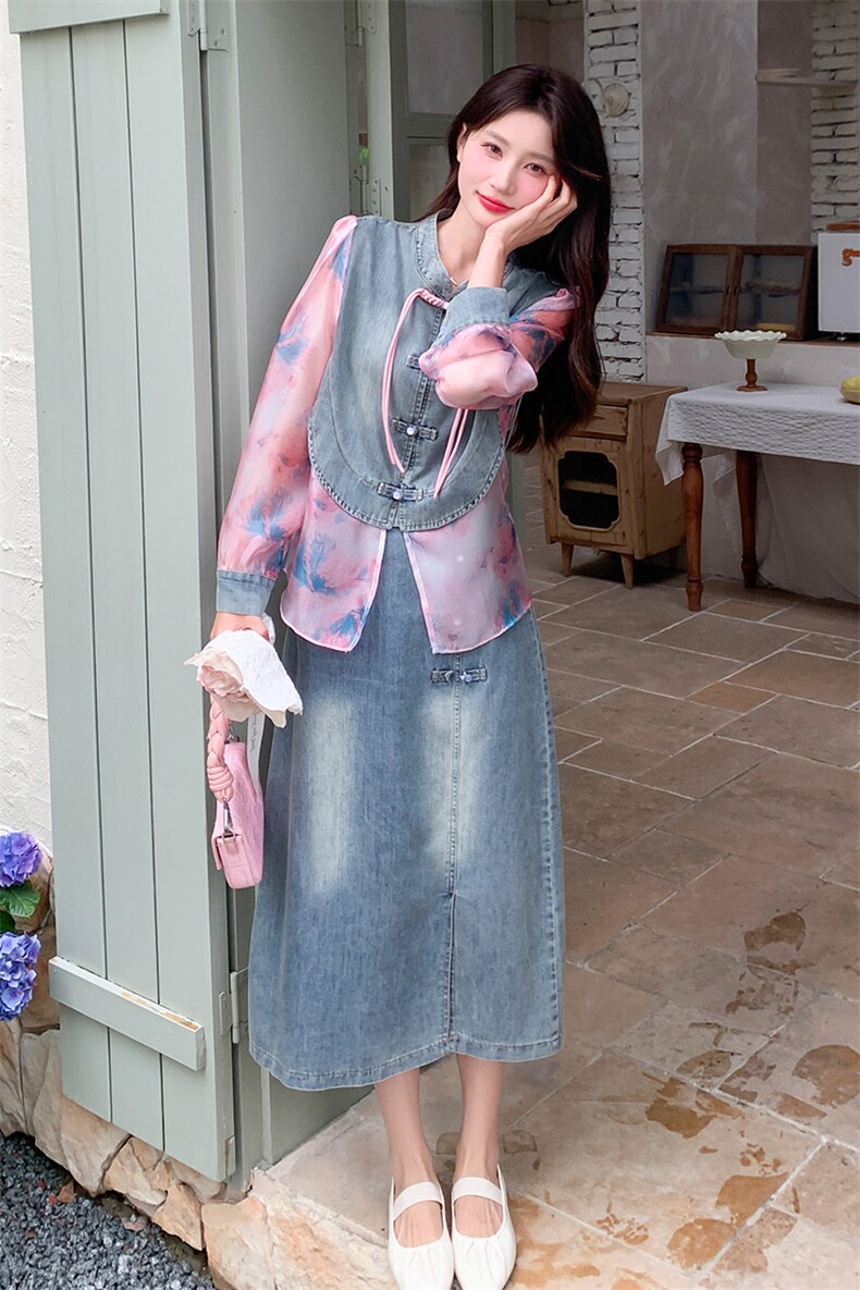 菲系列|新中式牛仔拼接盘扣衬衫+半身裙上品折扣女装25春套装女,女装套装/套裙,小九月