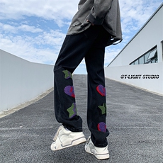 B221美式ins高街暗黑小众情侣毛巾绣直筒牛仔裤LK23021-P65控88，男装牛仔裤，电商B221