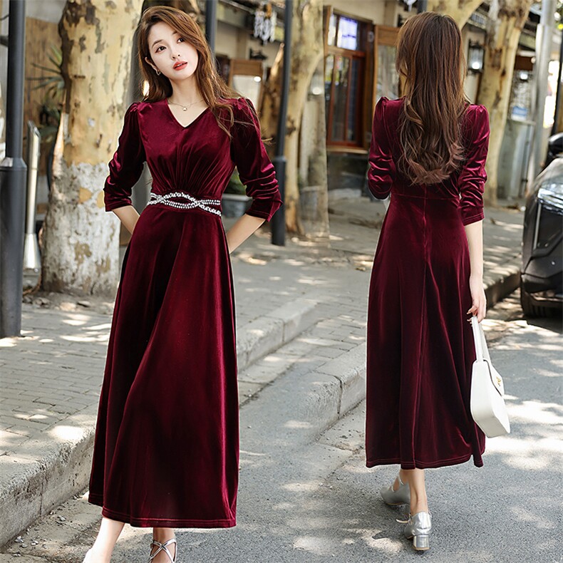 贵夫人高端长袖金丝绒连衣裙2024新款秋装洋气奢华红色宴会礼服裙，女装连衣裙，天丝秀