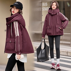 休闲时尚撞色工装派克羽绒服女2024冬新款加厚连帽保暖白鸭绒外套，女装羽绒服，采品优优