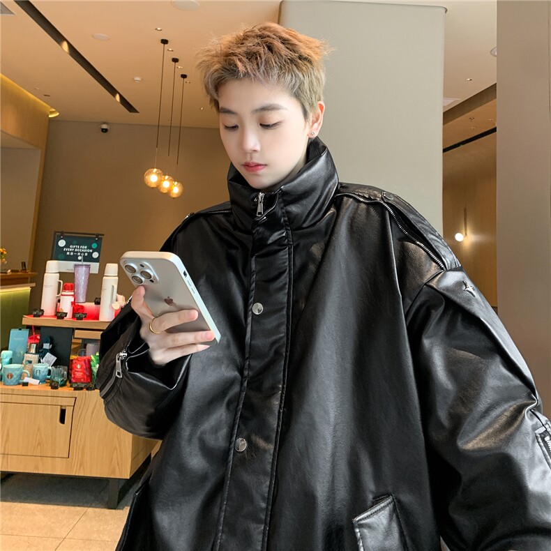 pu皮棉服男冬季美式复古高街派克服加厚设计感机车棉衣D337P138,男装皮衣,电商A335-1（原A458）