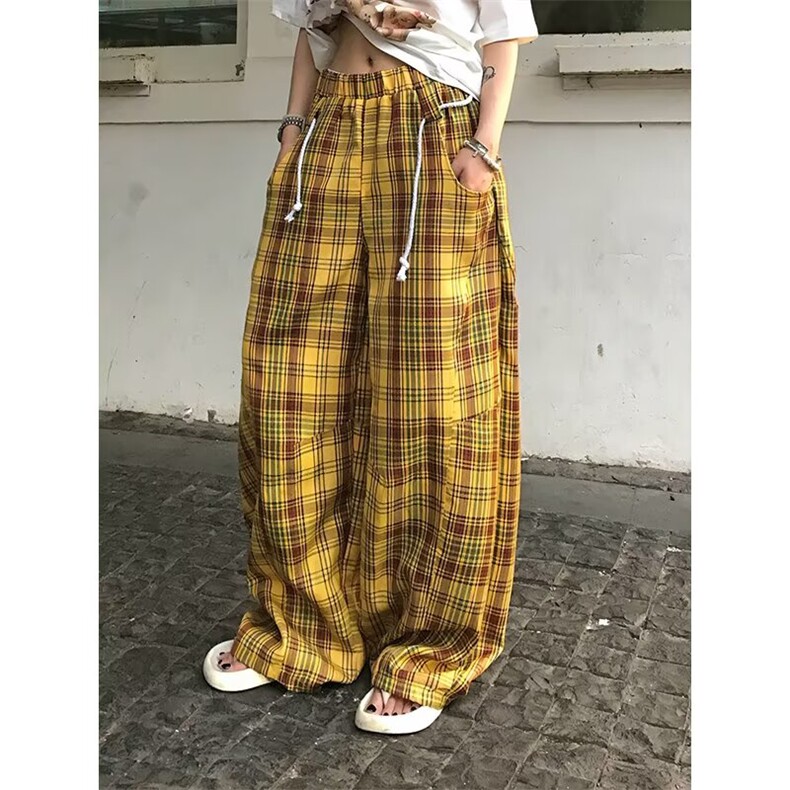 美式潮牌撞色多巴胺休闲格子弯刀裤情侣慵懒风宽松阔腿长裤,女装休闲裤,星座1210-1