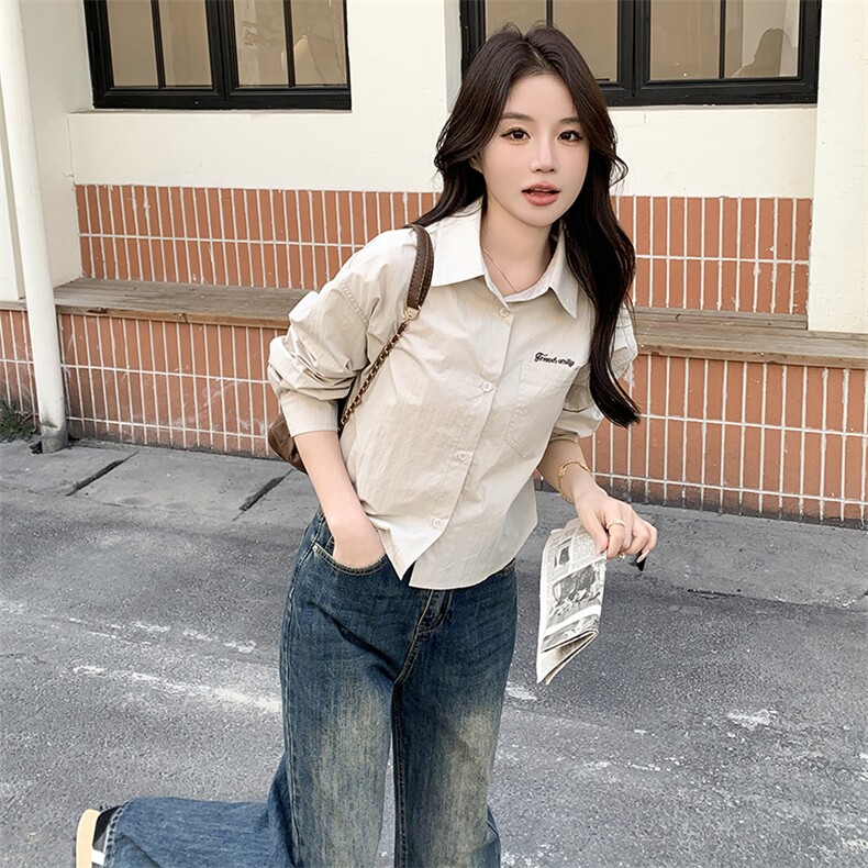 时尚新品短款淡粉色棉衬衫女字母口袋宽松休闲衬衣百搭休闲上衣长，女装衬衫，鑫慧