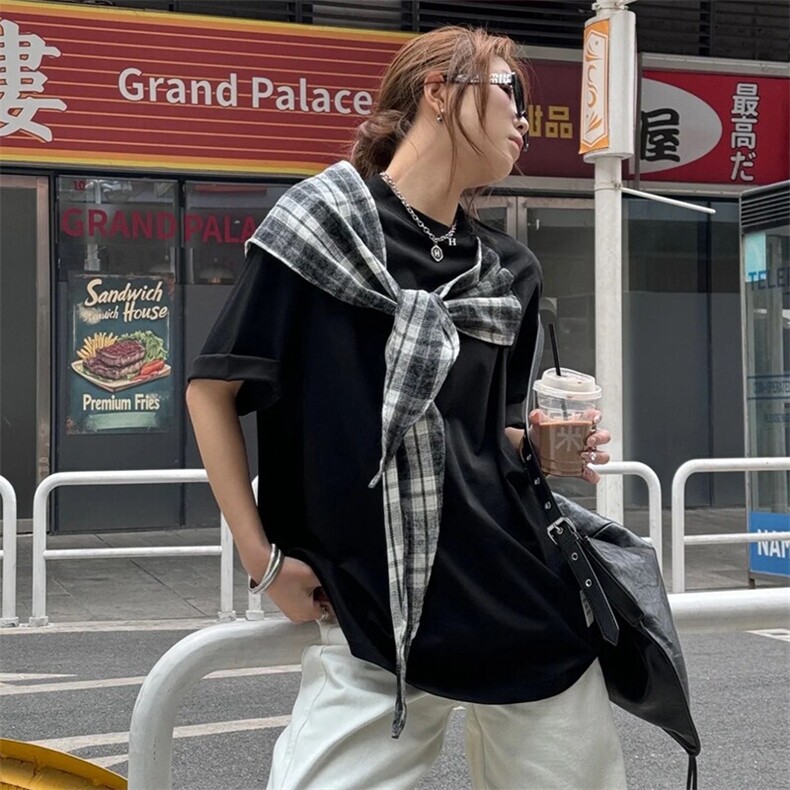 拼接格子布装饰高品质260克双纱纯棉美式高街短袖T恤特P35,男装T恤,电商A486