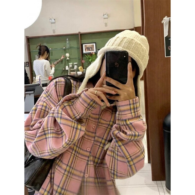 TC553-P45森系甜美粉色格纹衬衫女宽松休闲显瘦中长款衬衣开衫,女装衬衫,星座617A-2