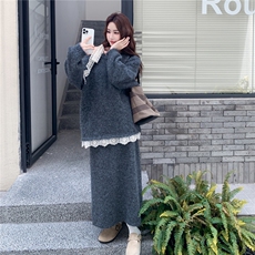 休闲慵懒风穿搭灰色毛呢上衣套装女秋冬超火好看减龄半身裙两件套，女装套装/套裙，2C261
