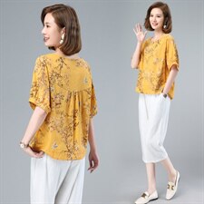 宽松圆领棉麻上衣短袖t恤女士2021夏装时尚文艺印花T恤，女装T恤，涵誉