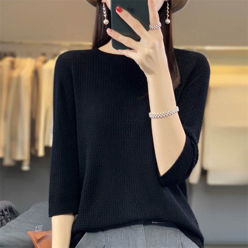 2024夏季新款曲珠冰丝华夫格撞色短袖宽松百搭半袖女背心针织T恤,针织衫/毛衣,大美人高端店