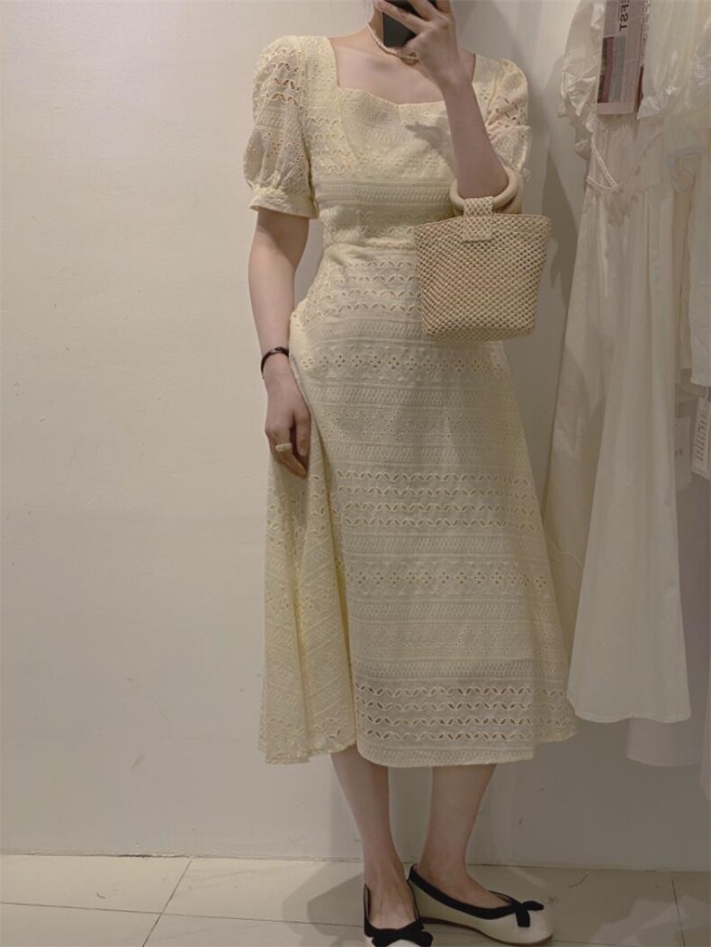 简约方领钩花长裙，其它，驿谷