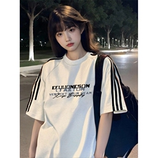 抖音得物高品质二开240克宽松纯棉美式潮牌三条杠织带短袖T恤，男装T恤，电商A486-1